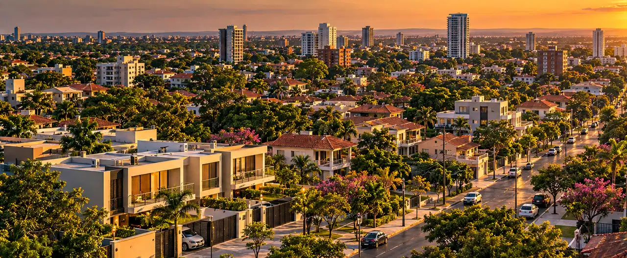 Paisagem imobiliária ilustrativa por IA para a página Casas à venda em Isla Pucú: guia e imobiliárias | InmueblesPY; não representa imóvel anunciado