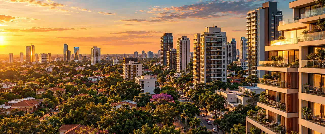 Paisagem imobiliária ilustrativa por IA para a página Casas à venda em Itacurubí del Rosario: guia e imobiliárias | InmueblesPY; não representa imóvel anunciado