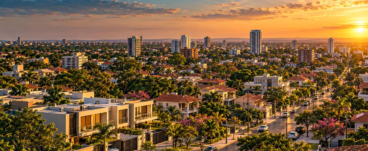 Paisagem imobiliária ilustrativa por IA para a página Casas à venda em Itapé: guia e imobiliárias | InmueblesPY; não representa imóvel anunciado
