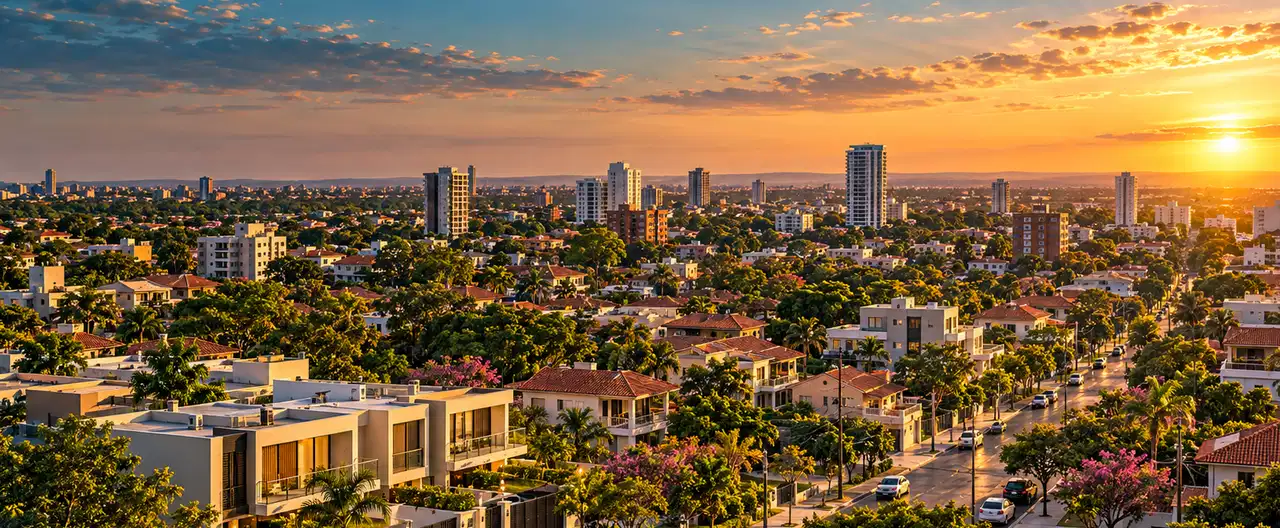 Paisagem imobiliária ilustrativa por IA para a página Casas à venda em Itauguá: guia e imobiliárias | InmueblesPY; não representa imóvel anunciado