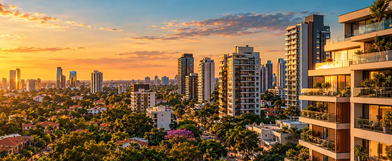 Paisagem imobiliária ilustrativa por IA para a página Casas à venda em Jesús: guia e imobiliárias | InmueblesPY; não representa imóvel anunciado