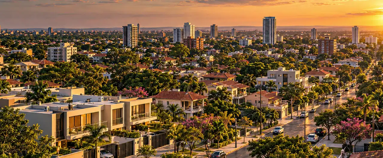 Paisagem imobiliária ilustrativa por IA para a página Casas à venda em José Fassardi: guia e imobiliárias | InmueblesPY; não representa imóvel anunciado