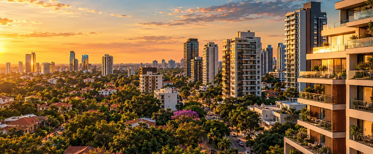 Paisagem imobiliária ilustrativa por IA para a página Casas à venda em Juan de Mena: guia e imobiliárias | InmueblesPY; não representa imóvel anunciado