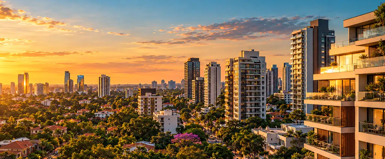 Paisagem imobiliária ilustrativa por IA para a página Casas à venda em Julián Augusto Saldívar: guia e imobiliárias | InmueblesPY; não representa imóvel anunciado