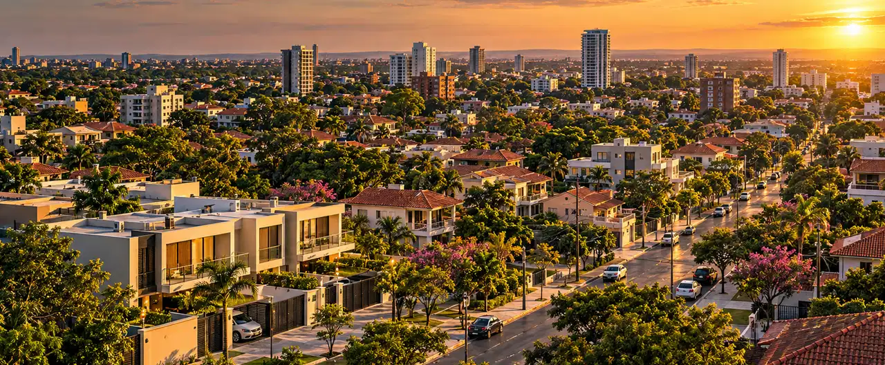 Paisagem imobiliária ilustrativa por IA para a página Casas à venda em Katueté: guia e imobiliárias | InmueblesPY; não representa imóvel anunciado