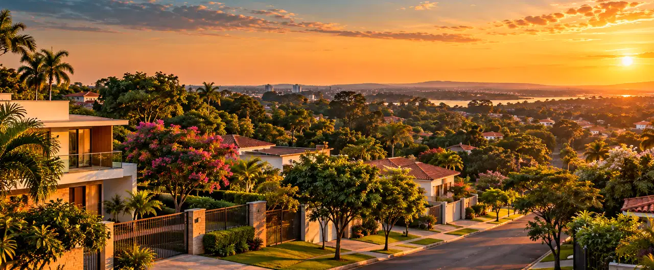 Paisagem imobiliária ilustrativa por IA para a página Casas à venda em La Colmena: guia e imobiliárias | InmueblesPY; não representa imóvel anunciado