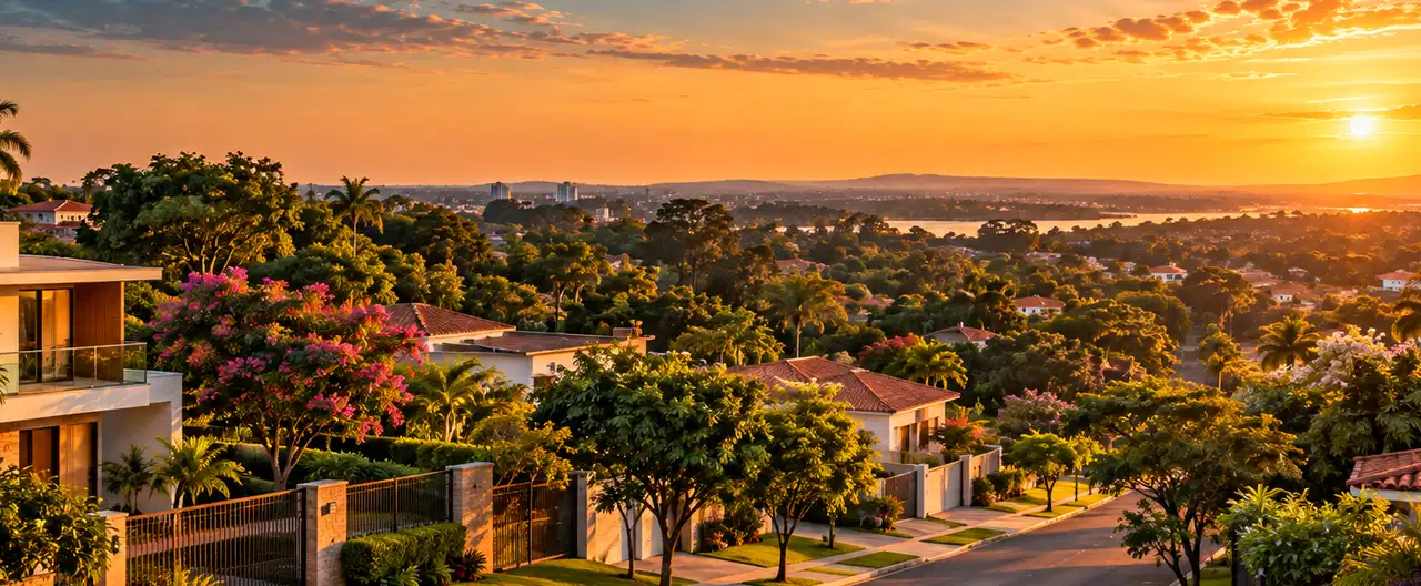 Paisagem imobiliária ilustrativa por IA para a página Casas à venda em Lambaré: guia e imobiliárias | InmueblesPY; não representa imóvel anunciado