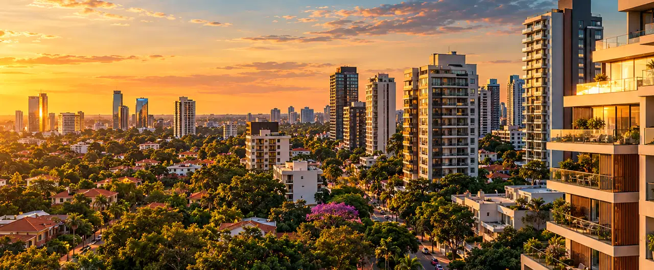 Paisagem imobiliária ilustrativa por IA para a página Casas à venda em Limpio: guia e imobiliárias | InmueblesPY; não representa imóvel anunciado