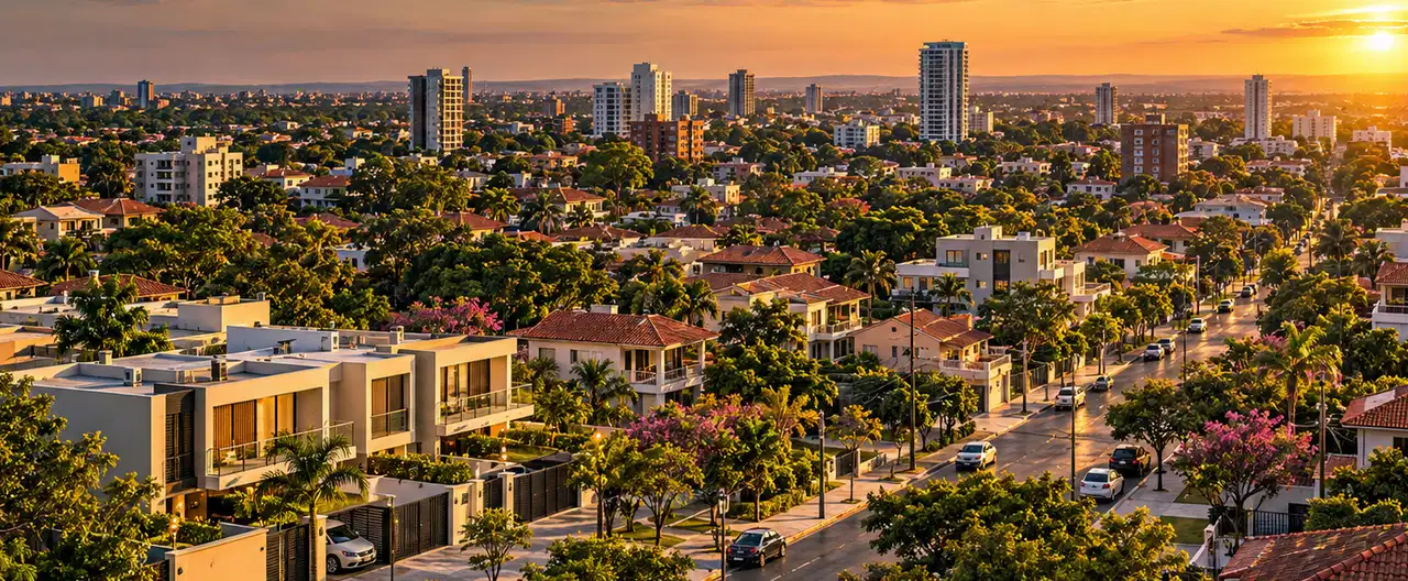 Paisagem imobiliária ilustrativa por IA para a página Casas à venda em Maracaná: guia e imobiliárias | InmueblesPY; não representa imóvel anunciado