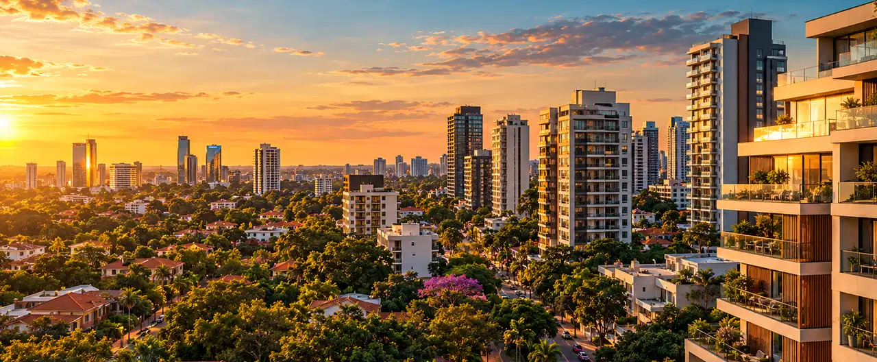 Paisagem imobiliária ilustrativa por IA para a página Casas à venda em Minga Guazú: guia e imobiliárias | InmueblesPY; não representa imóvel anunciado