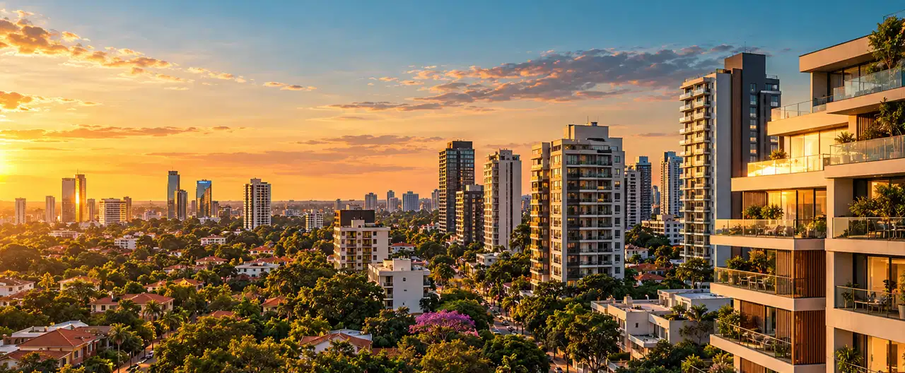 Paisagem imobiliária ilustrativa por IA para a página Casas à venda em Nanawa: guia e imobiliárias | InmueblesPY; não representa imóvel anunciado