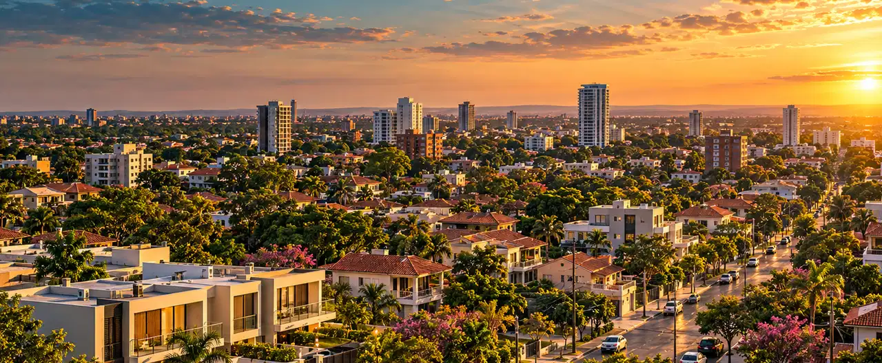 Paisagem imobiliária ilustrativa por IA para a página Casas à venda em Natalio: guia e imobiliárias | InmueblesPY; não representa imóvel anunciado