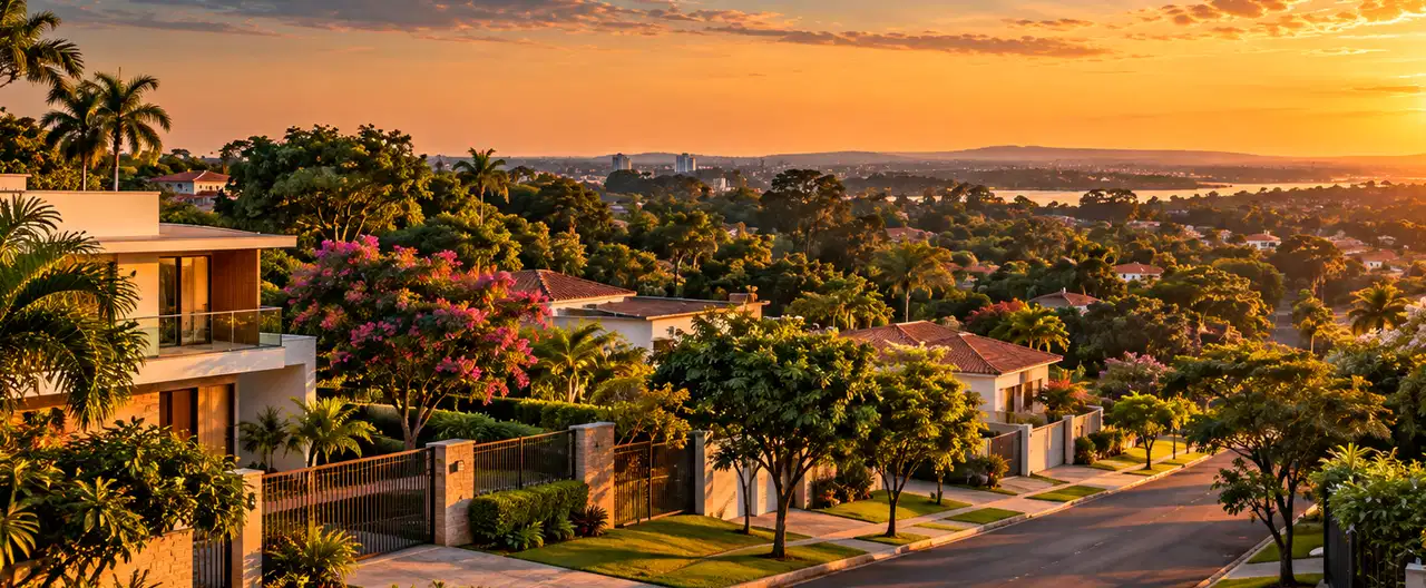 Paisagem imobiliária ilustrativa por IA para a página Casas à venda em Paso Horqueta: guia e imobiliárias | InmueblesPY; não representa imóvel anunciado