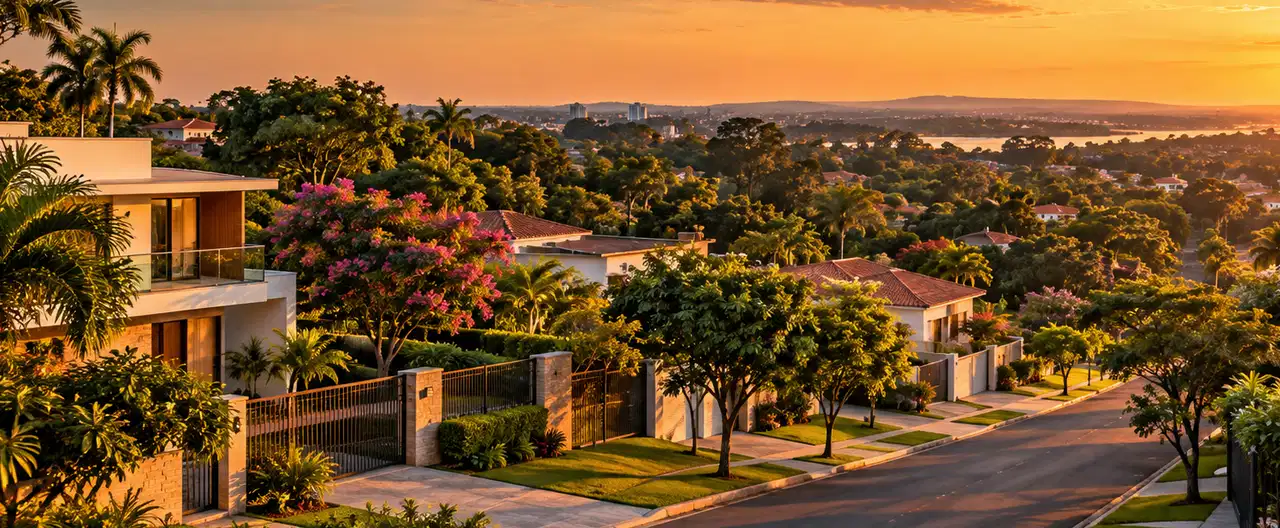 Paisagem imobiliária ilustrativa por IA para a página Casas à venda em Paso Yobái: guia e imobiliárias | InmueblesPY; não representa imóvel anunciado
