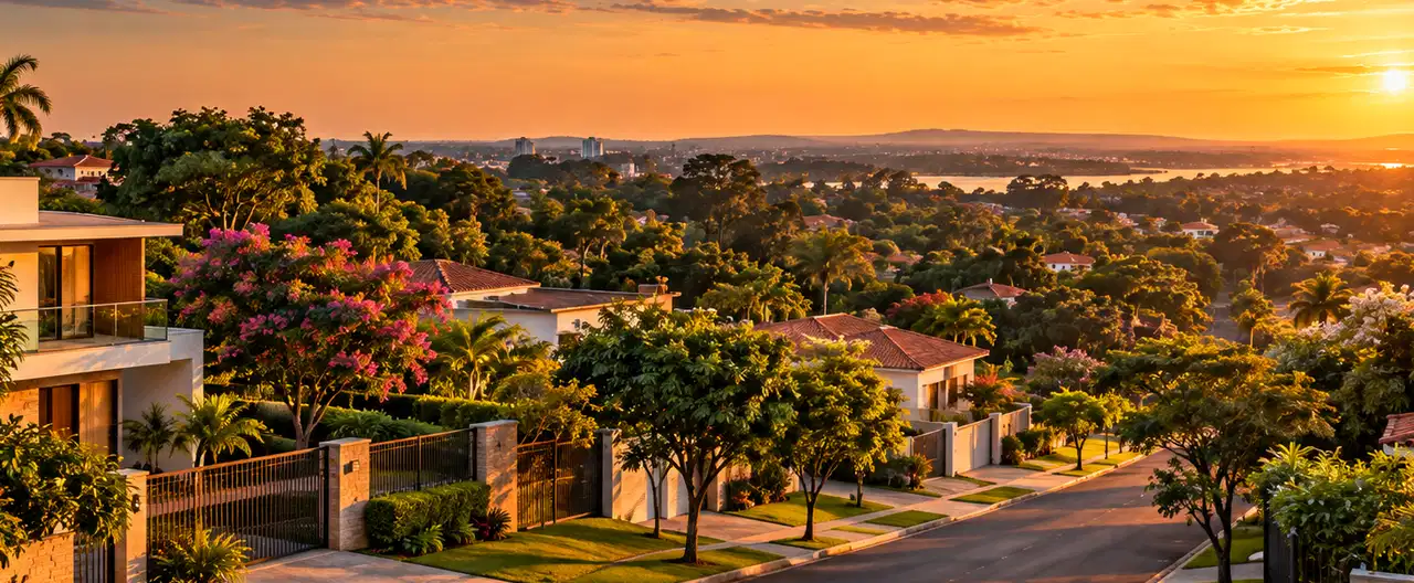Paisagem imobiliária ilustrativa por IA para a página Casas à venda em Puerto Pinasco: guia e imobiliárias | InmueblesPY; não representa imóvel anunciado