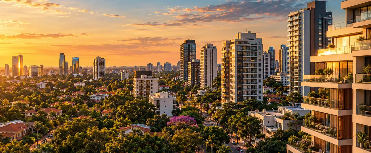 Paisagem imobiliária ilustrativa por IA para a página Casas à venda em R.I. Tres Corrales: guia e imobiliárias | InmueblesPY; não representa imóvel anunciado