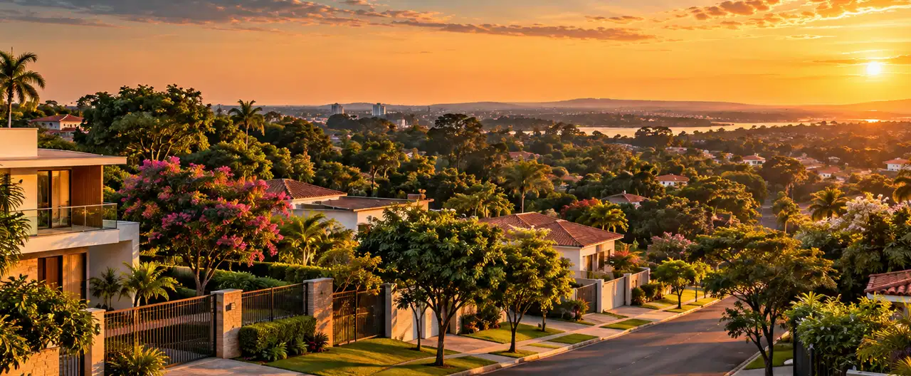 Paisagem imobiliária ilustrativa por IA para a página Casas à venda em San Cosme y Damián: guia e imobiliárias | InmueblesPY; não representa imóvel anunciado