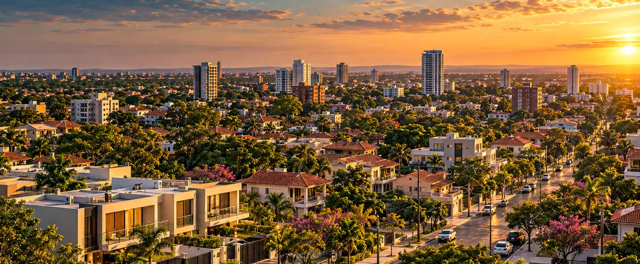 Paisagem imobiliária ilustrativa por IA para a página Casas à venda em San Cristóbal: guia e imobiliárias | InmueblesPY; não representa imóvel anunciado