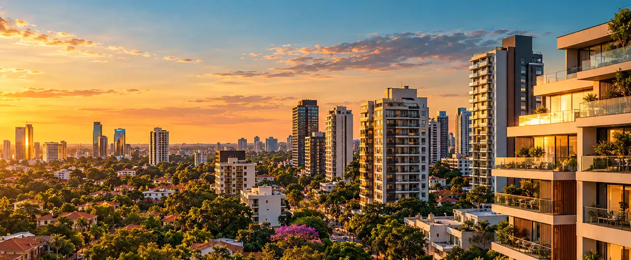 Paisagem imobiliária ilustrativa por IA para a página Casas à venda em San Estanislao: guia e imobiliárias | InmueblesPY; não representa imóvel anunciado