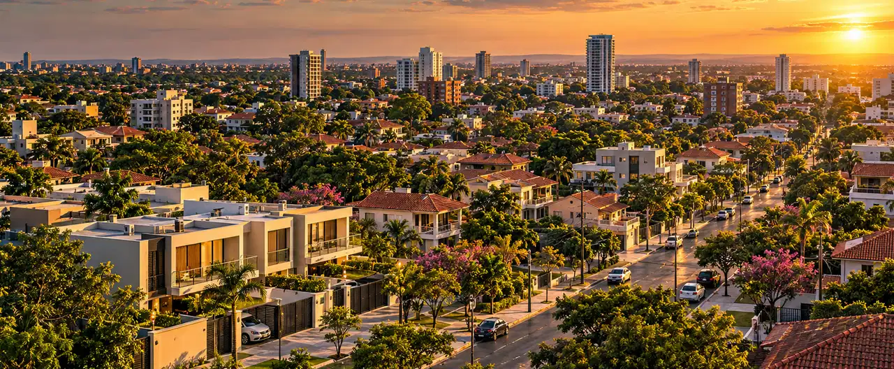 Paisagem imobiliária ilustrativa por IA para a página Casas à venda em San Ignacio Guazú: guia e imobiliárias | InmueblesPY; não representa imóvel anunciado