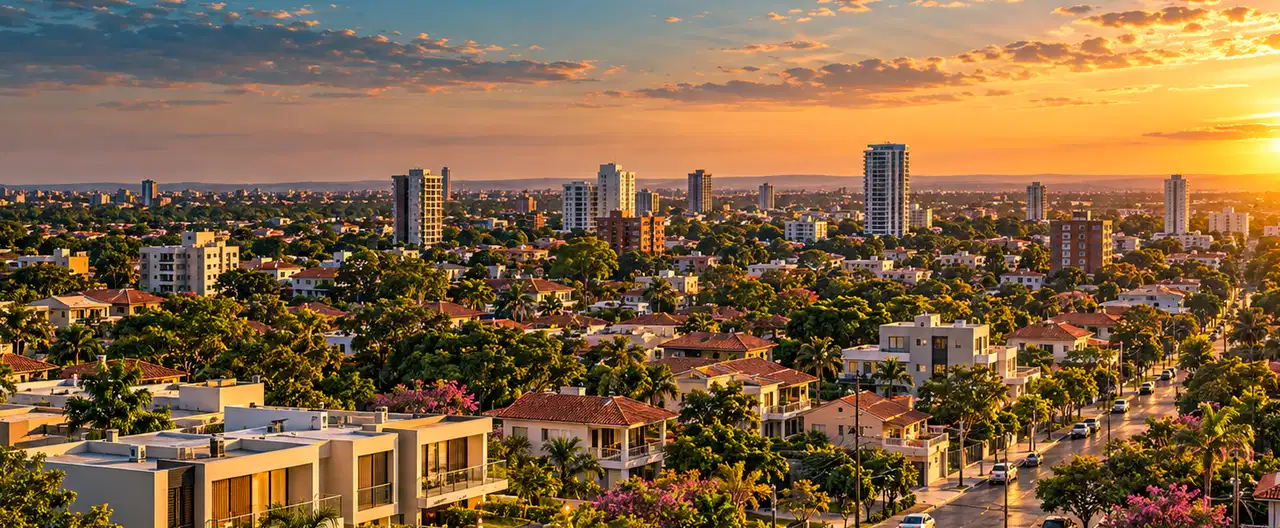 Paisagem imobiliária ilustrativa por IA para a página Casas à venda em San Juan Bautista: guia e imobiliárias | InmueblesPY; não representa imóvel anunciado