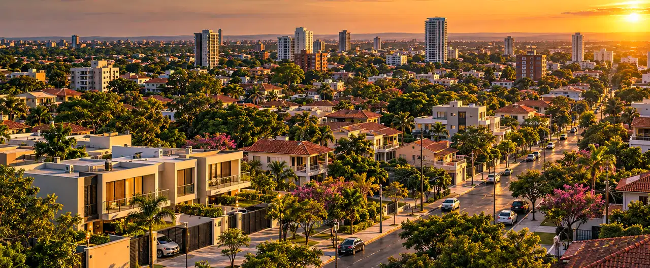 Paisagem imobiliária ilustrativa por IA para a página Casas à venda em San Lázaro: guia e imobiliárias | InmueblesPY; não representa imóvel anunciado
