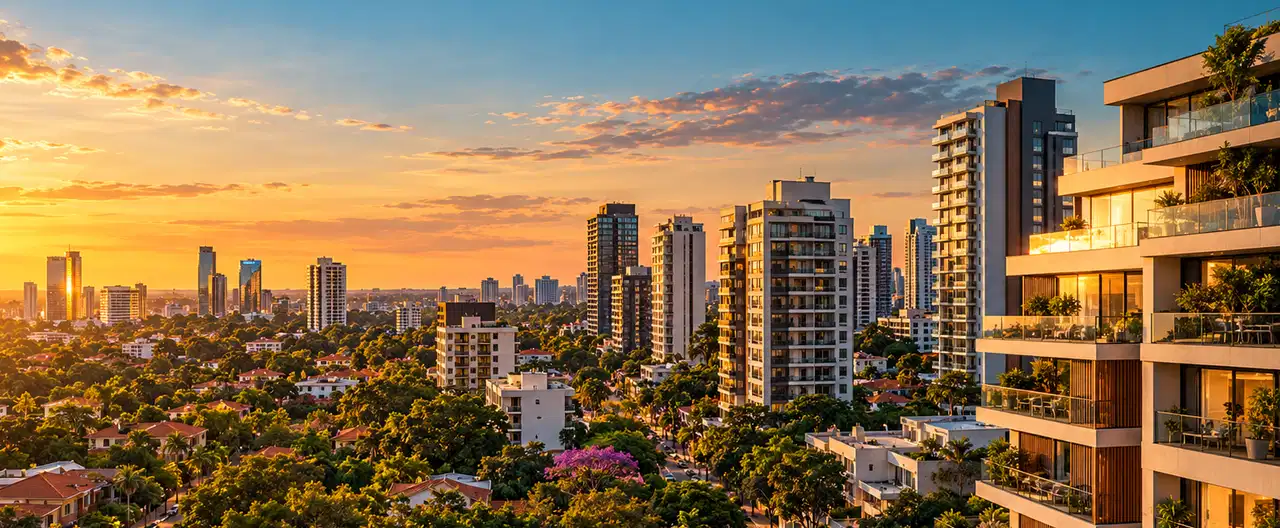 Paisagem imobiliária ilustrativa por IA para a página Casas à venda em San Lorenzo: guia e imobiliárias | InmueblesPY; não representa imóvel anunciado