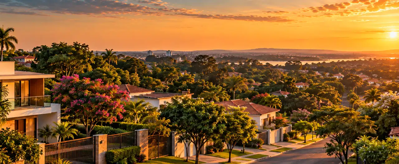 Paisagem imobiliária ilustrativa por IA para a página Casas à venda em San Pedro de Ycuamandiyú: guia e imobiliárias | InmueblesPY; não representa imóvel anunciado