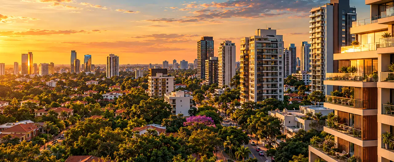 Paisagem imobiliária ilustrativa por IA para a página Casas à venda em San Pedro del Paraná: guia e imobiliárias | InmueblesPY; não representa imóvel anunciado