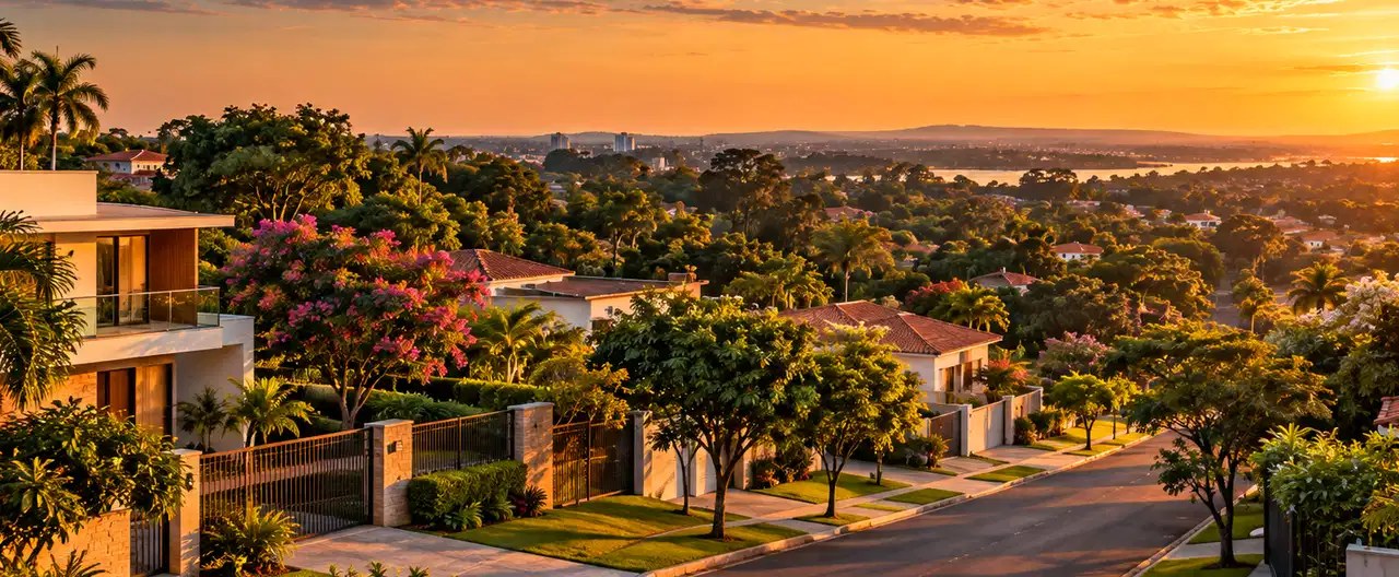 Paisagem imobiliária ilustrativa por IA para a página Casas à venda em San Vicente Pancholo: guia e imobiliárias | InmueblesPY; não representa imóvel anunciado