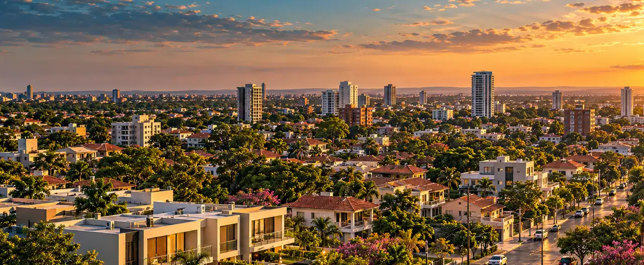 Paisagem imobiliária ilustrativa por IA para a página Casas à venda em Santa María de Fe: guia e imobiliárias | InmueblesPY; não representa imóvel anunciado