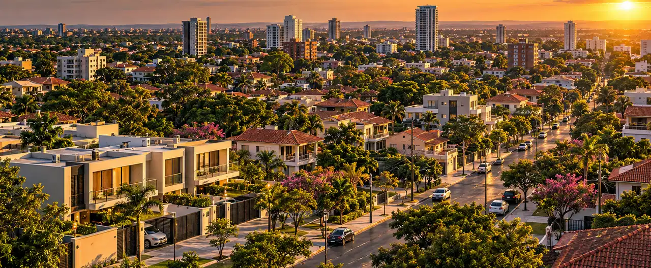 Paisagem imobiliária ilustrativa por IA para a página Casas à venda em Santa Rosa de Lima: guia e imobiliárias | InmueblesPY; não representa imóvel anunciado