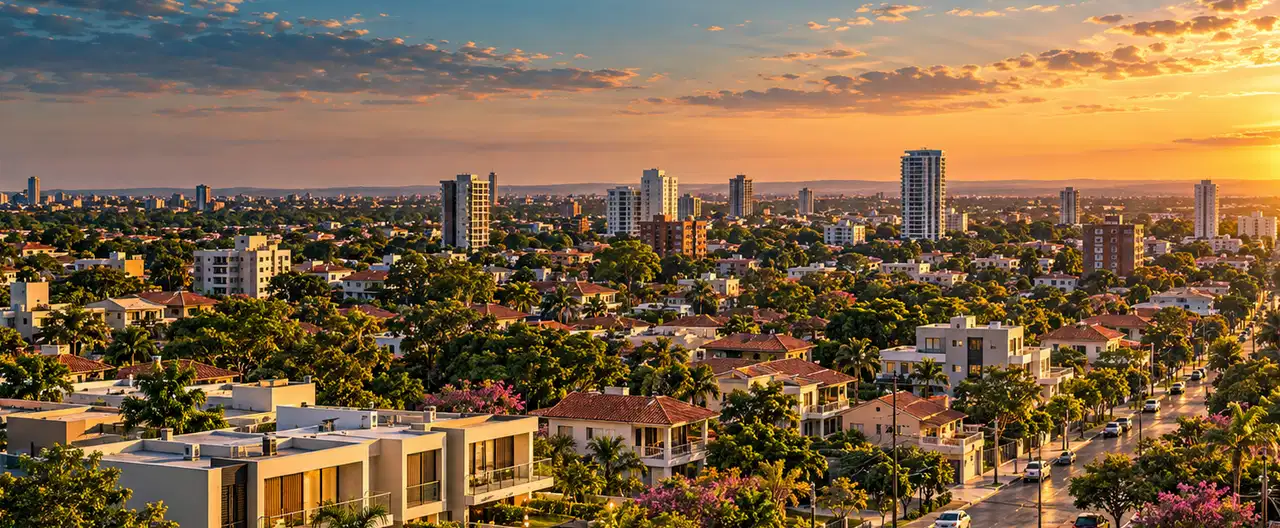 Paisagem imobiliária ilustrativa por IA para a página Casas à venda em Santa Rosa del Monday: guia e imobiliárias | InmueblesPY; não representa imóvel anunciado
