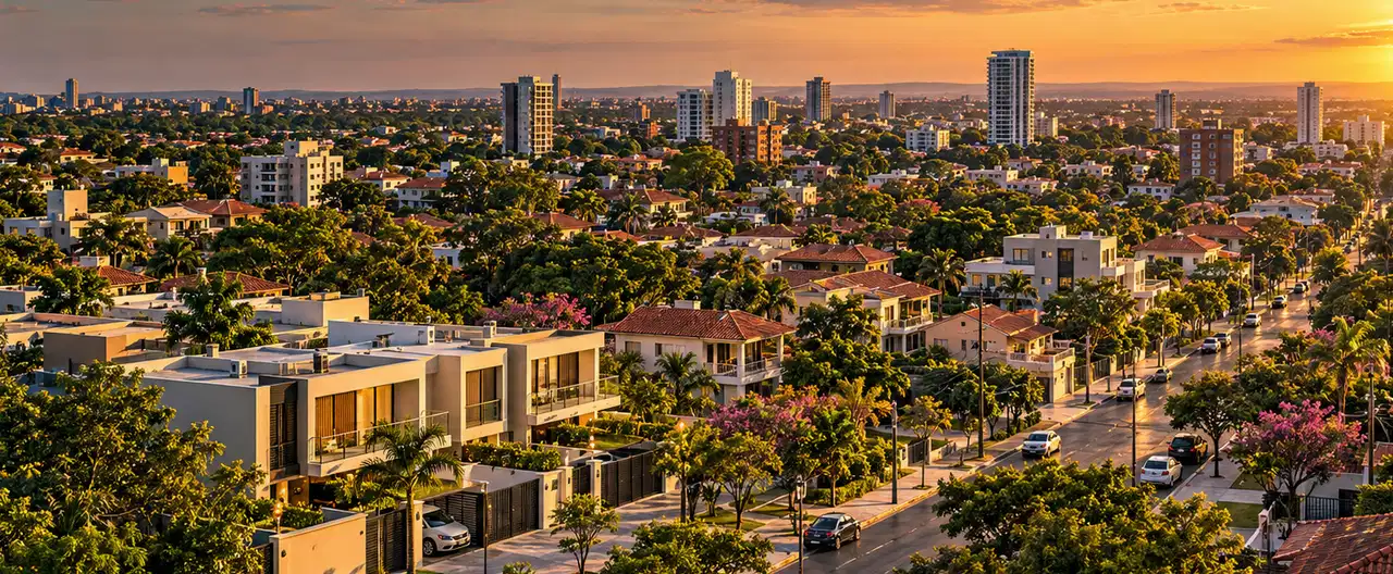 Paisagem imobiliária ilustrativa por IA para a página Casas à venda em Santiago: guia e imobiliárias | InmueblesPY; não representa imóvel anunciado