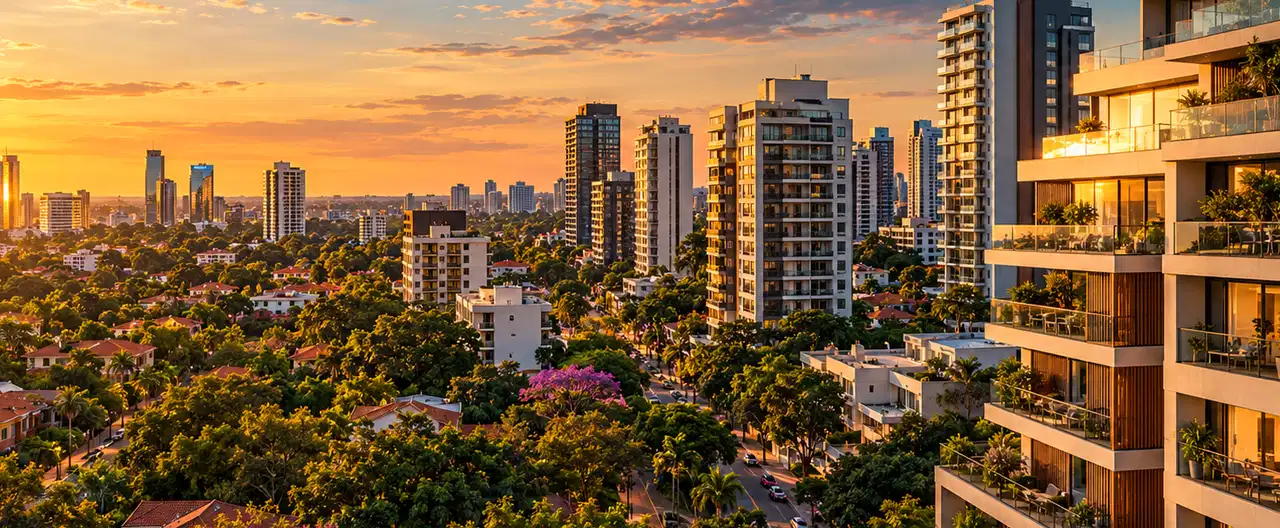 Paisagem imobiliária ilustrativa por IA para a página Casas à venda em Tembiaporá: guia e imobiliárias | InmueblesPY; não representa imóvel anunciado