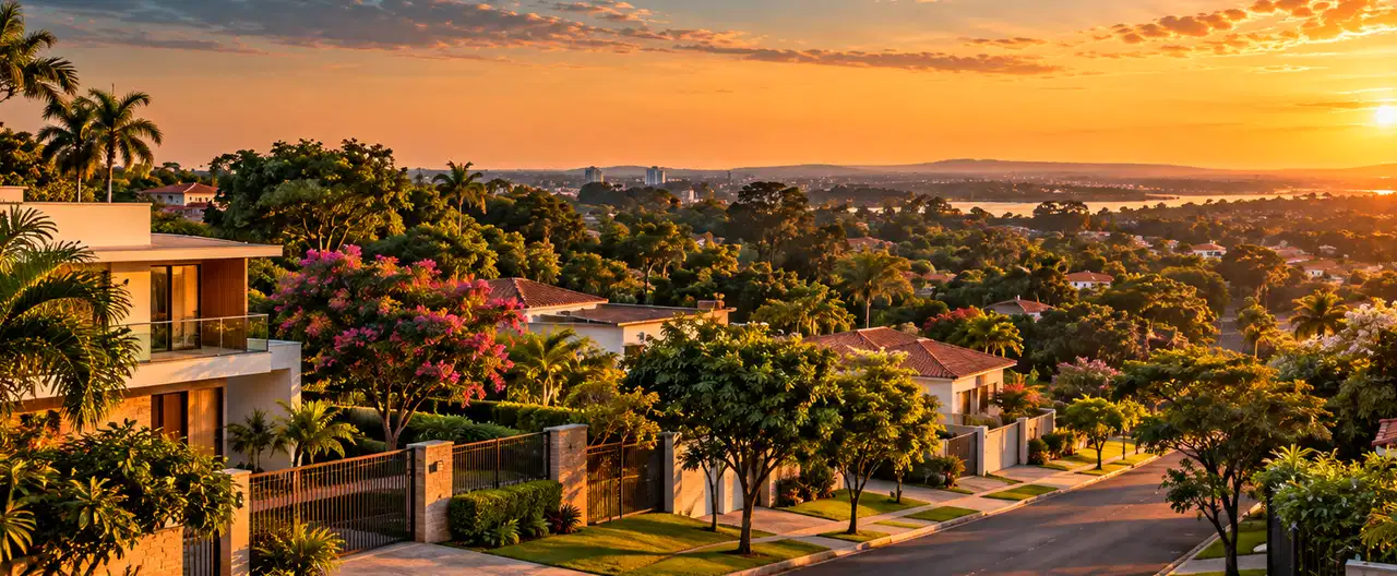 Paisagem imobiliária ilustrativa por IA para a página Casas à venda em Teniente Irala: guia e imobiliárias | InmueblesPY; não representa imóvel anunciado