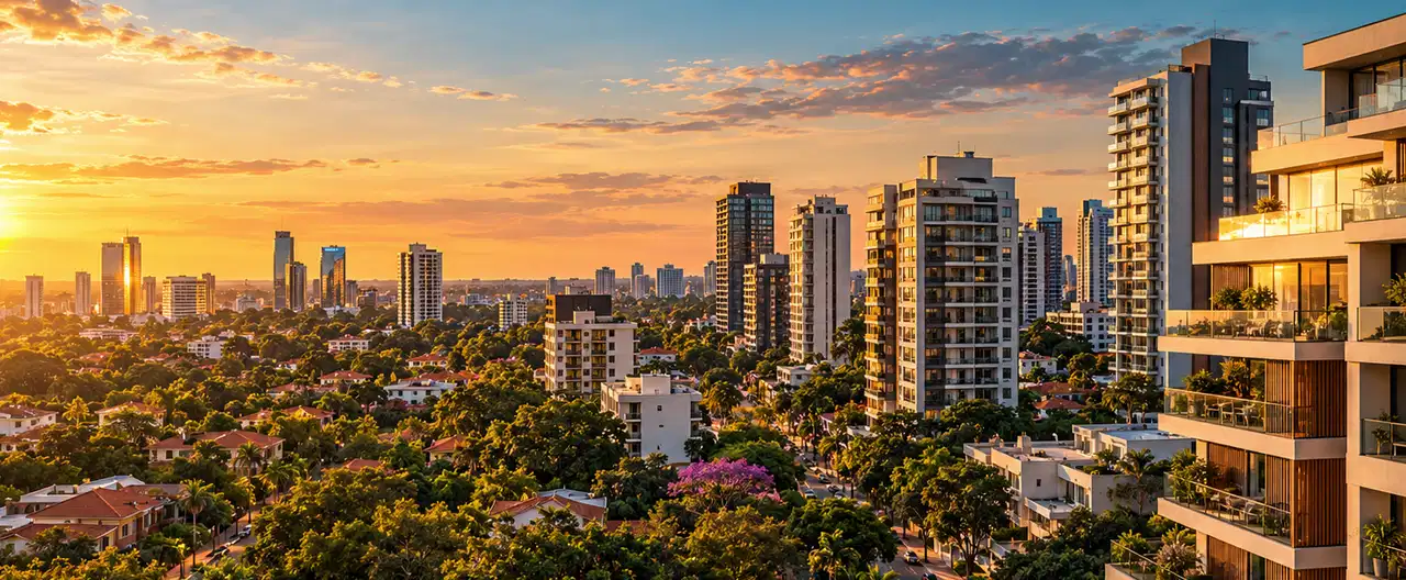 Paisagem imobiliária ilustrativa por IA para a página Casas à venda em Tres de Febrero: guia e imobiliárias | InmueblesPY; não representa imóvel anunciado