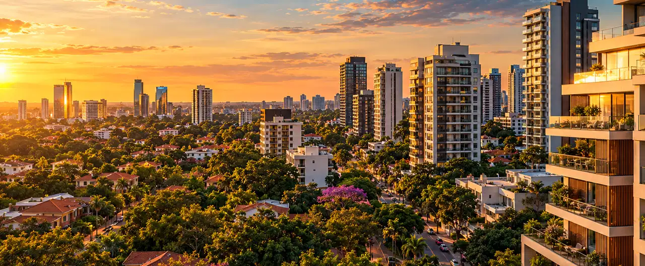 Paisagem imobiliária ilustrativa por IA para a página Casas à venda em Tres de Mayo: guia e imobiliárias | InmueblesPY; não representa imóvel anunciado