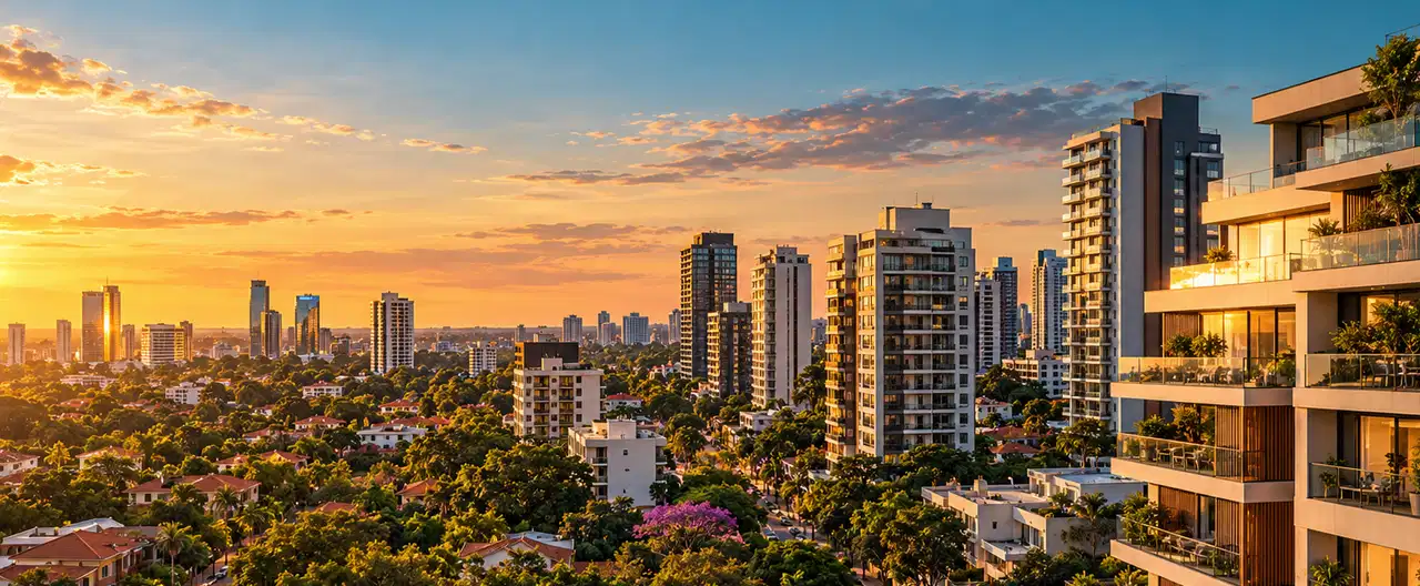 Paisagem imobiliária ilustrativa por IA para a página Casas à venda em Valenzuela: guia e imobiliárias | InmueblesPY; não representa imóvel anunciado