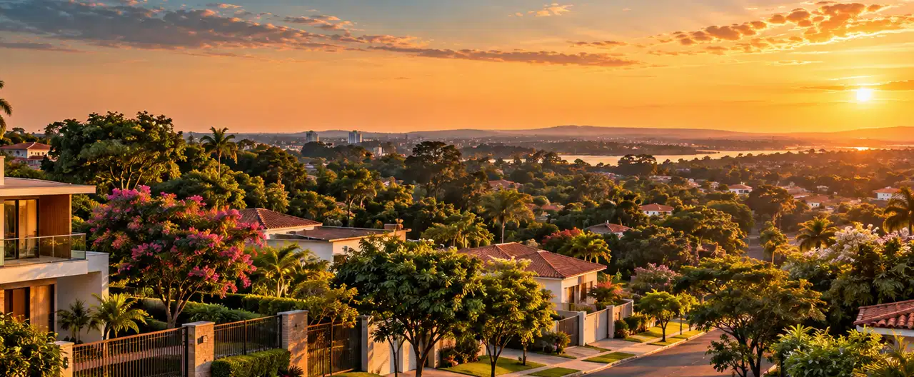 Paisagem imobiliária ilustrativa por IA para a página Casas à venda em Villeta: guia e imobiliárias | InmueblesPY; não representa imóvel anunciado