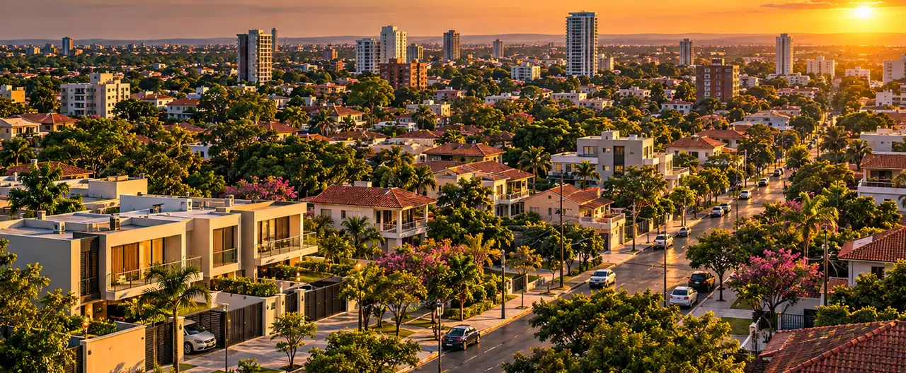 Paisagem imobiliária ilustrativa por IA para a página Casas à venda em Yaguarón: guia e imobiliárias | InmueblesPY; não representa imóvel anunciado