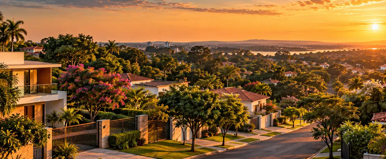 Paisagem imobiliária ilustrativa por IA para a página Casas à venda em Yasy Cañy: guia e imobiliárias | InmueblesPY; não representa imóvel anunciado