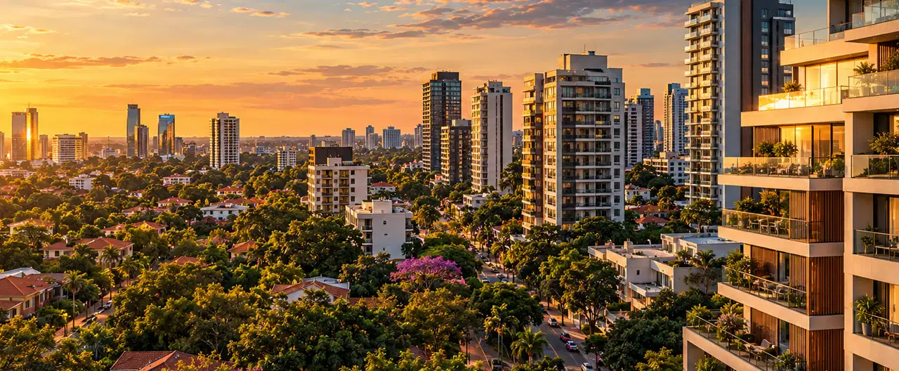 Paisagem imobiliária ilustrativa por IA para a página Casas à venda em Yhú: guia e imobiliárias | InmueblesPY; não representa imóvel anunciado