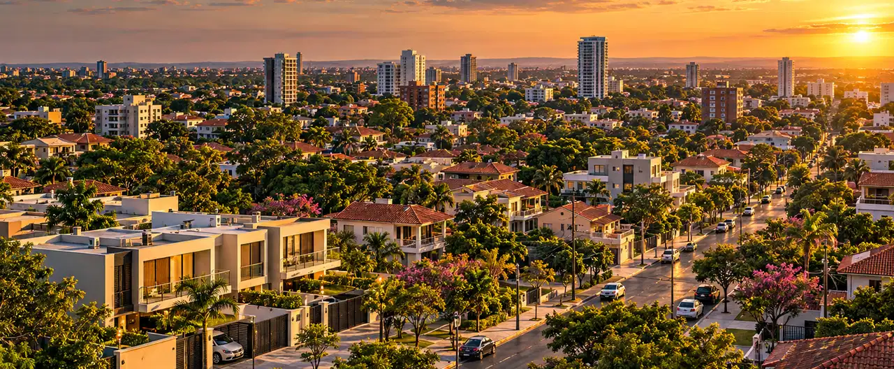 Paisagem imobiliária ilustrativa por IA para a página Casas à venda em Ypacaraí: guia e imobiliárias | InmueblesPY; não representa imóvel anunciado