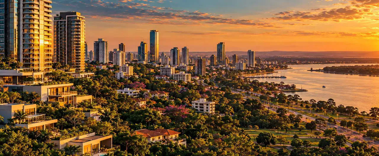 Paisaje inmobiliario ilustrativo con IA para la página Casco Histórico, San Bernardino: guía inmobiliaria de zona | InmueblesPY; no representa una propiedad anunciada