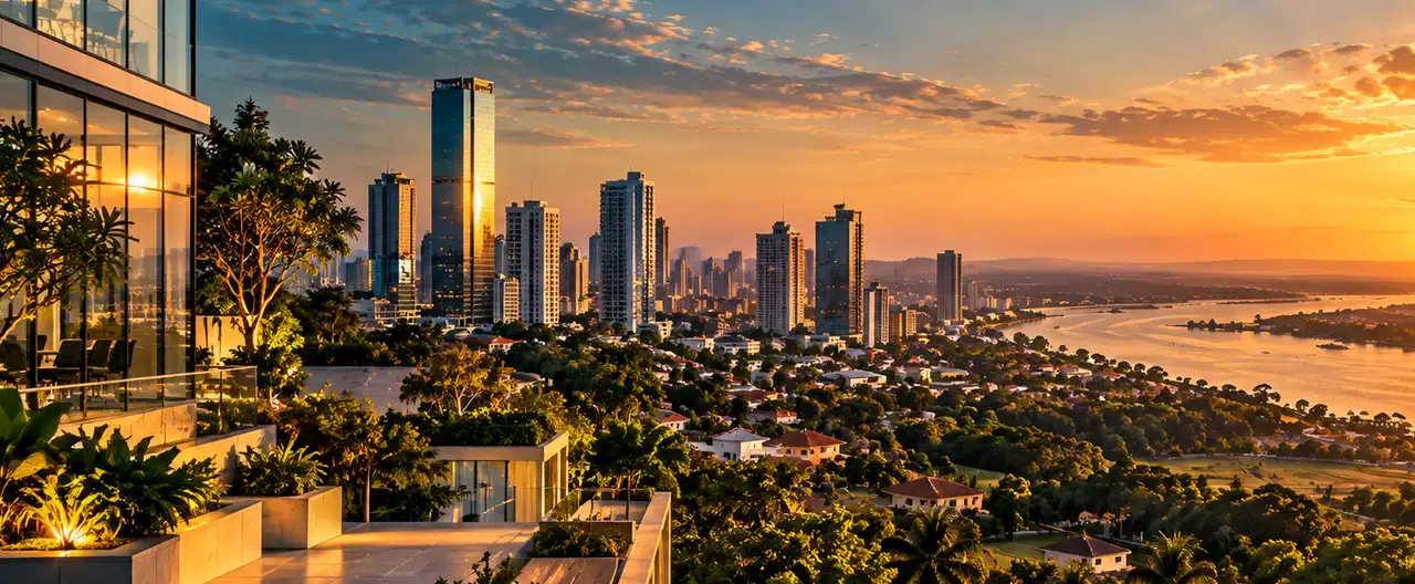 Paisagem imobiliária ilustrativa por IA para a página CCA — Carapeguá: perfil de imobiliária e contatos | InmueblesPY; não representa imóvel anunciado