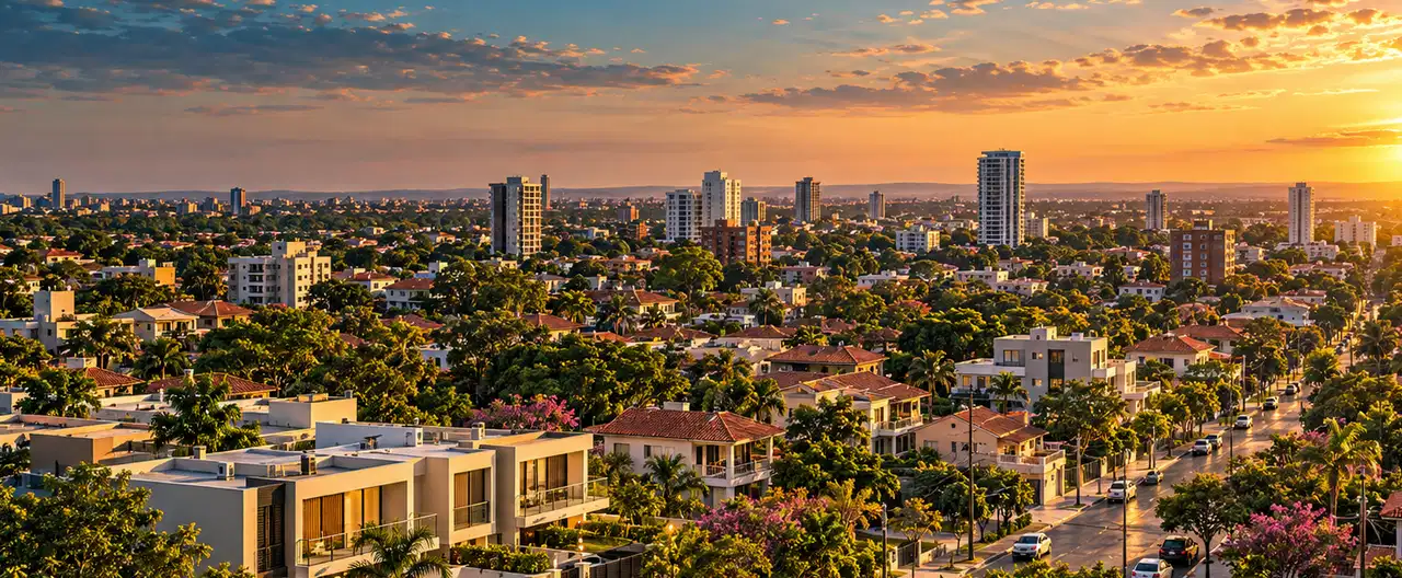 Paisagem imobiliária ilustrativa por IA para a página Centro Inmobiliaria: perfil de imobiliária e contatos | InmueblesPY; não representa imóvel anunciado