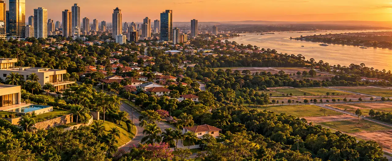 Paisagem imobiliária ilustrativa por IA para a página CENTURY 21 Alfa: perfil de imobiliária e contatos | InmueblesPY; não representa imóvel anunciado