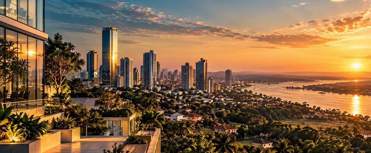 Paisagem imobiliária ilustrativa por IA para a página CENTURY 21 Infinity: perfil de imobiliária e contatos | InmueblesPY; não representa imóvel anunciado