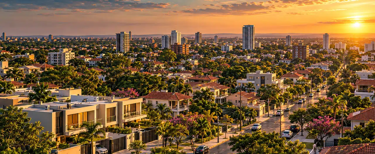 Paisagem imobiliária ilustrativa por IA para a página Imobiliárias em Coronel Oviedo: diretório e contatos | InmueblesPY; não representa imóvel anunciado